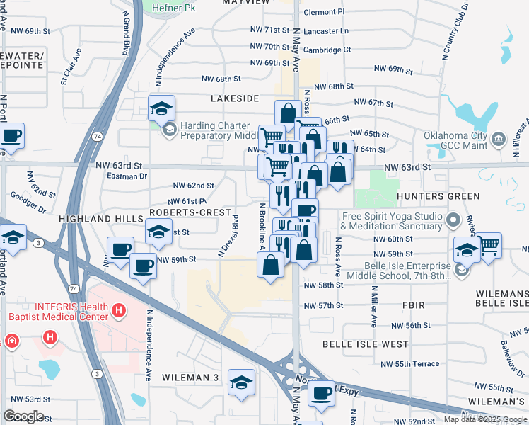 map of restaurants, bars, coffee shops, grocery stores, and more near 2950 Northwest 63rd Street in Oklahoma City