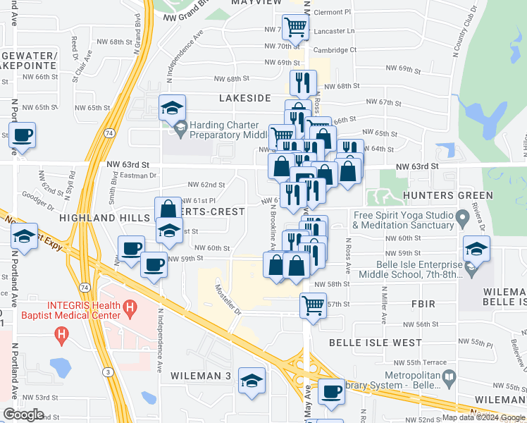 map of restaurants, bars, coffee shops, grocery stores, and more near 6200 North Drexel Boulevard in Oklahoma City