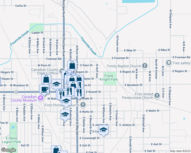 map of restaurants, bars, coffee shops, grocery stores, and more near 218 North Macomb Avenue in El Reno