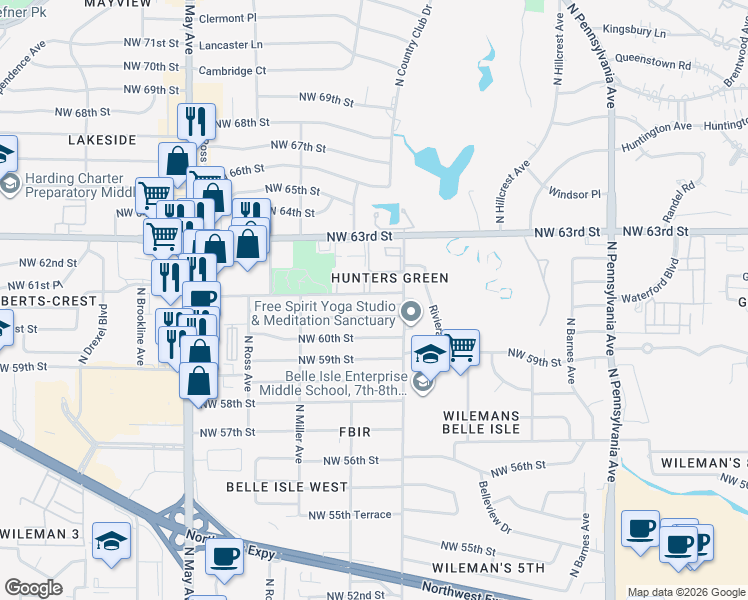 map of restaurants, bars, coffee shops, grocery stores, and more near 2516 Northwest 62nd Street in Oklahoma City