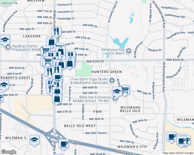 map of restaurants, bars, coffee shops, grocery stores, and more near 2225 Northwest 62nd Street in Oklahoma City