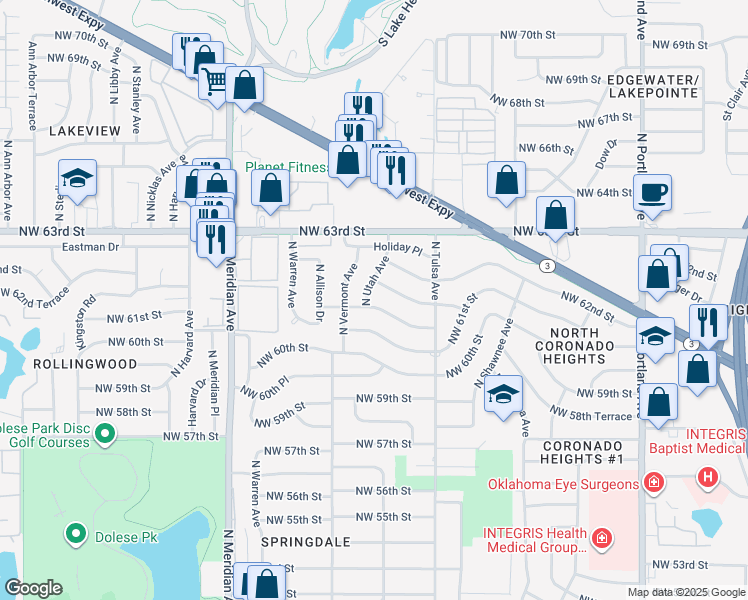 map of restaurants, bars, coffee shops, grocery stores, and more near 4137 Northwest 62nd Street in Oklahoma City