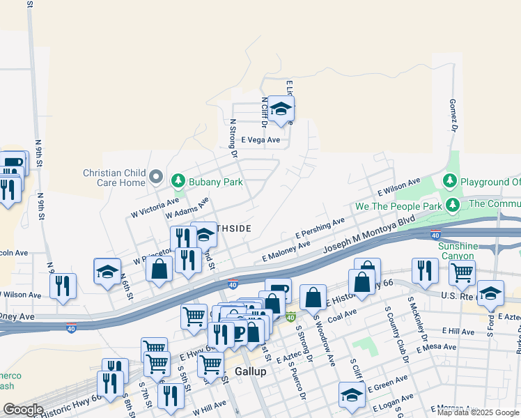 map of restaurants, bars, coffee shops, grocery stores, and more near 324-398 East Adams Avenue in Gallup