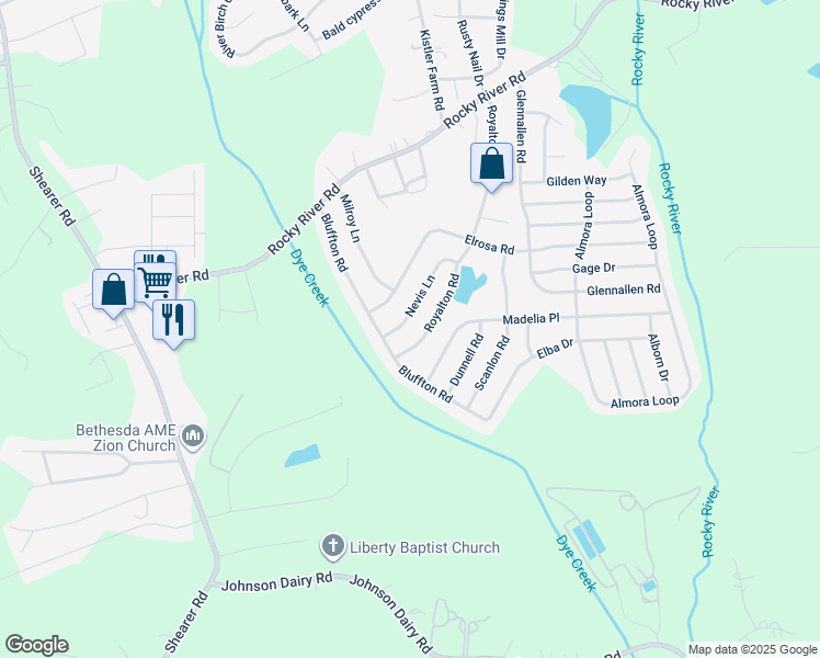 map of restaurants, bars, coffee shops, grocery stores, and more near 114 Nevis Lane in Mooresville