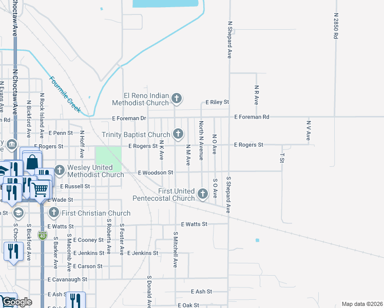 map of restaurants, bars, coffee shops, grocery stores, and more near 139 North North Avenue in El Reno