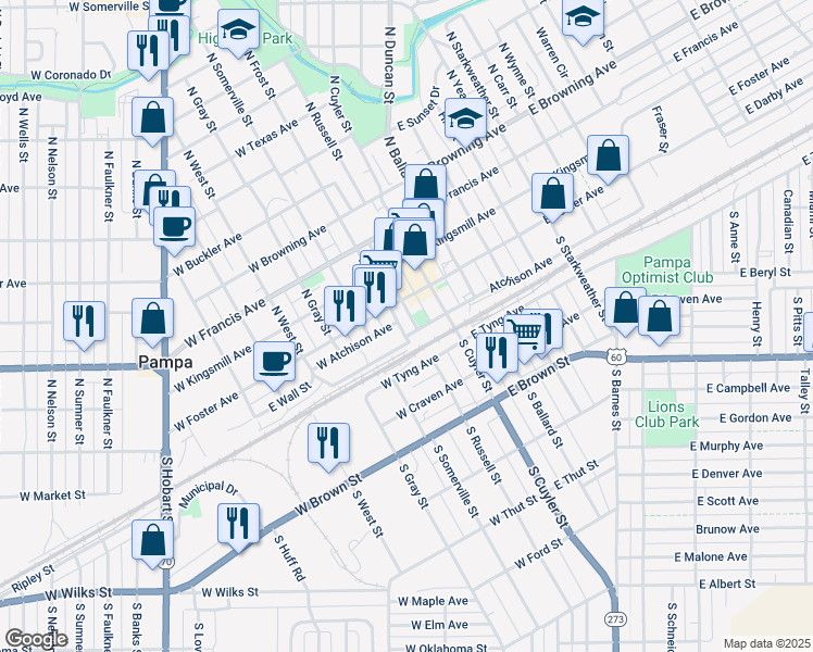 map of restaurants, bars, coffee shops, grocery stores, and more near 115 South Russell Street in Pampa