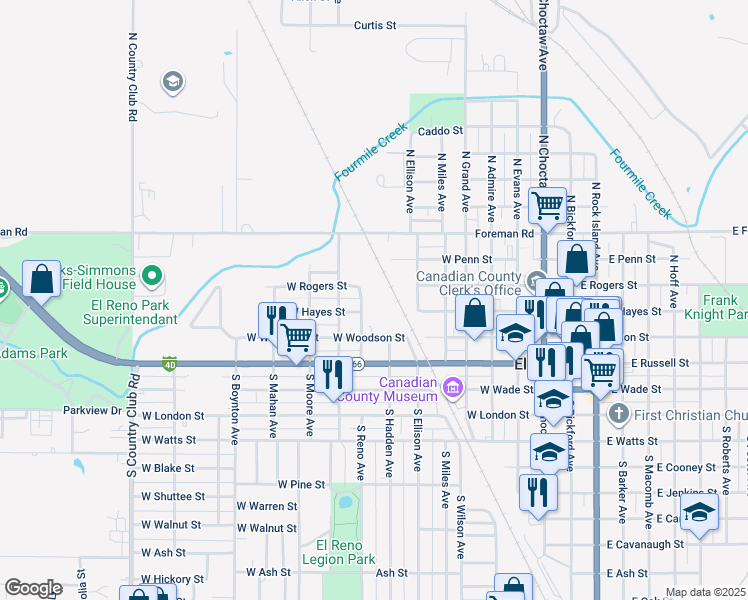 map of restaurants, bars, coffee shops, grocery stores, and more near 301 Reno Avenue in El Reno