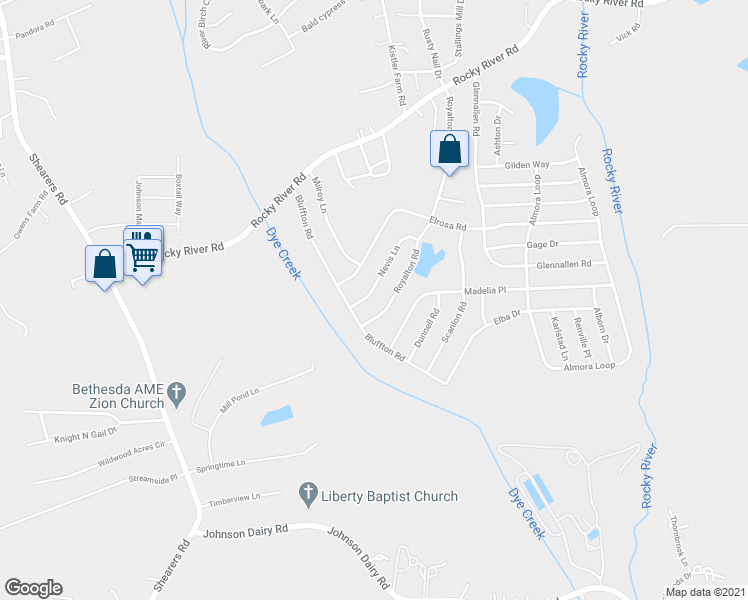 map of restaurants, bars, coffee shops, grocery stores, and more near 114 Nevis Lane in Mooresville
