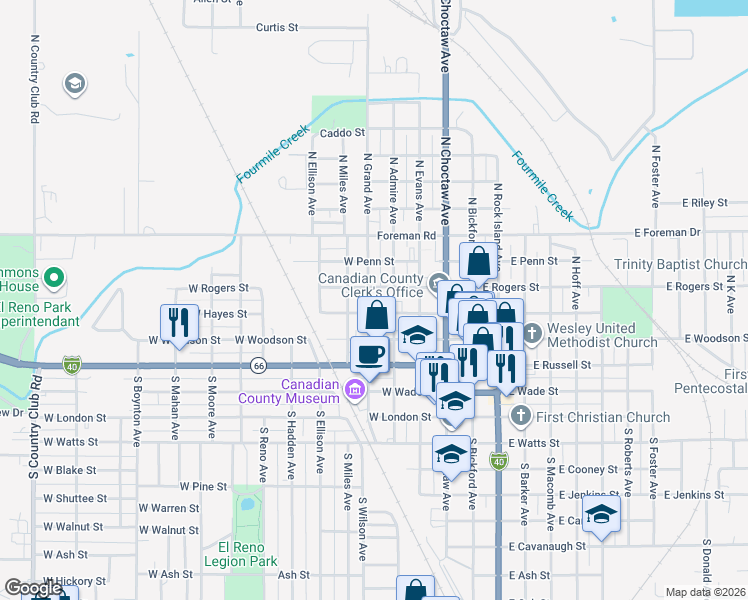 map of restaurants, bars, coffee shops, grocery stores, and more near 219 North Admire Avenue in El Reno