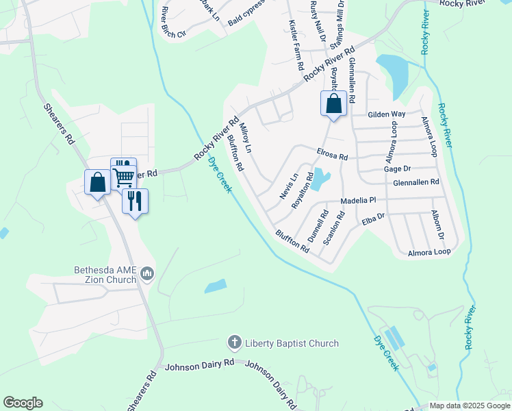 map of restaurants, bars, coffee shops, grocery stores, and more near 150 Bluffton Road in Mooresville