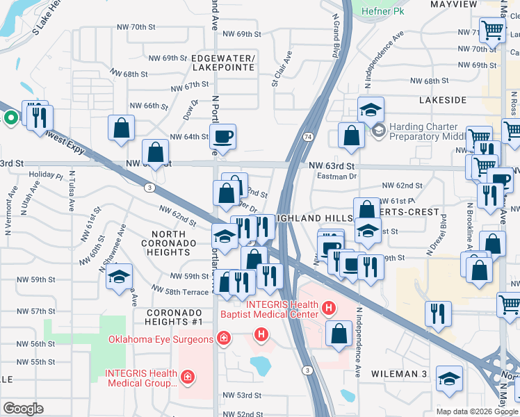 map of restaurants, bars, coffee shops, grocery stores, and more near 3608 Northwest 62nd Street in Oklahoma City