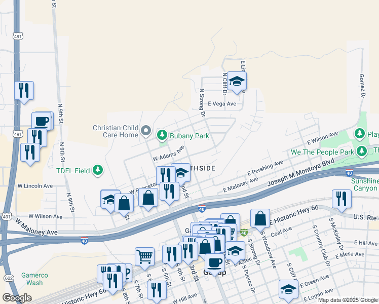 map of restaurants, bars, coffee shops, grocery stores, and more near 101 East Lincoln Avenue in Gallup