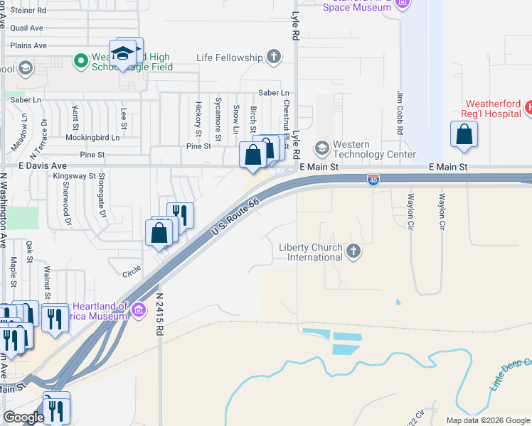 map of restaurants, bars, coffee shops, grocery stores, and more near 2200 South Frontage Road in Weatherford