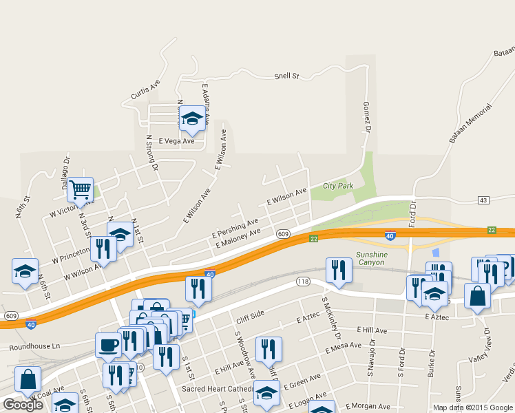 map of restaurants, bars, coffee shops, grocery stores, and more near East Wilson Avenue in Gallup