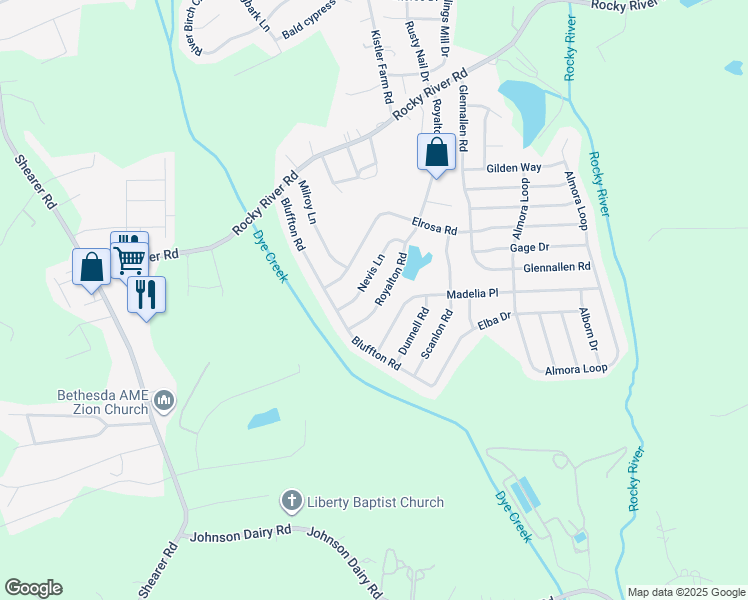 map of restaurants, bars, coffee shops, grocery stores, and more near 244 Royalton Road in Mooresville