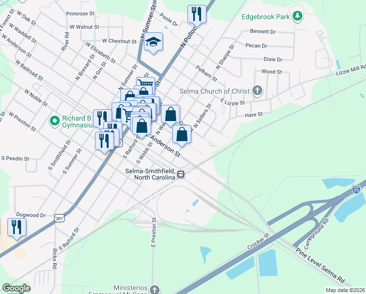 map of restaurants, bars, coffee shops, grocery stores, and more near 306 East Waddell Street in Selma