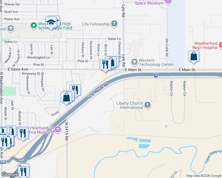map of restaurants, bars, coffee shops, grocery stores, and more near 2200 South Frontage Road in Weatherford