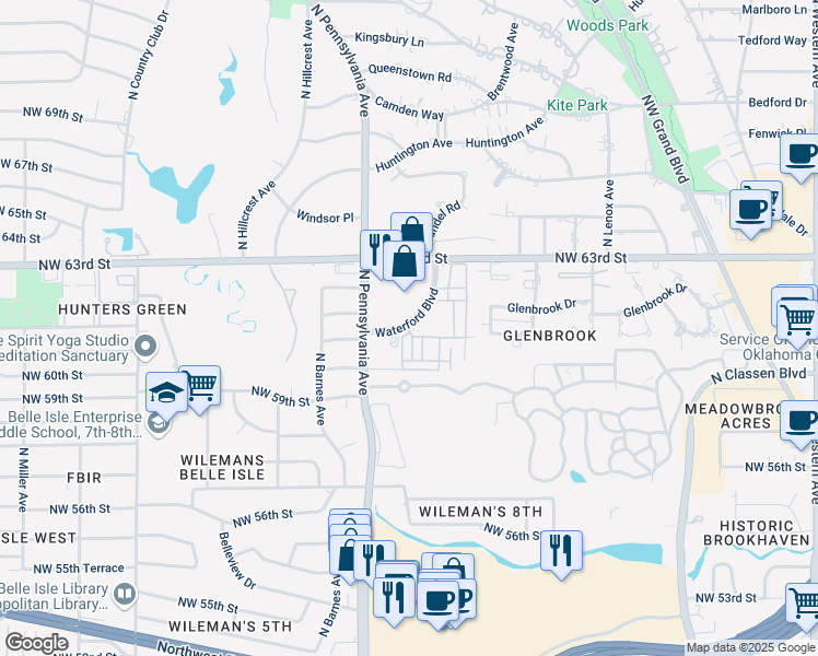 map of restaurants, bars, coffee shops, grocery stores, and more near 6301 Waterford Boulevard in Oklahoma City