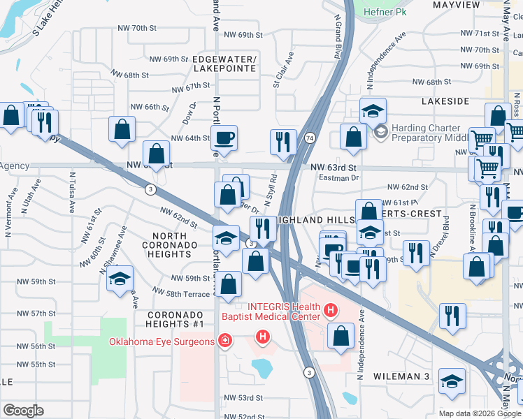 map of restaurants, bars, coffee shops, grocery stores, and more near 3608 Northwest 62nd Street in Oklahoma City