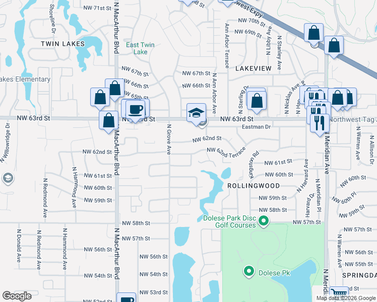 map of restaurants, bars, coffee shops, grocery stores, and more near 4936 Northwest 62nd Street in Oklahoma City