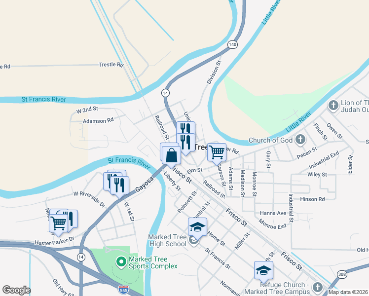 map of restaurants, bars, coffee shops, grocery stores, and more near Nathan Street in Marked Tree