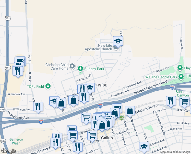 map of restaurants, bars, coffee shops, grocery stores, and more near 700-736 N 1st St in Gallup