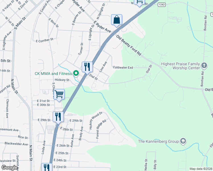 map of restaurants, bars, coffee shops, grocery stores, and more near 3625 Turner Street in Kannapolis