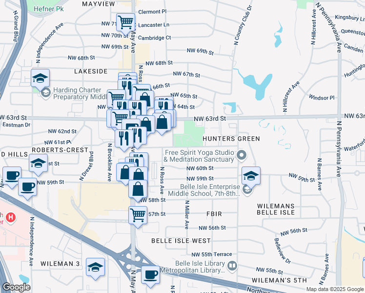 map of restaurants, bars, coffee shops, grocery stores, and more near 2701 Northwest 62nd Street in Oklahoma City