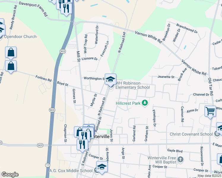map of restaurants, bars, coffee shops, grocery stores, and more near 2439 Railroad Street in Winterville