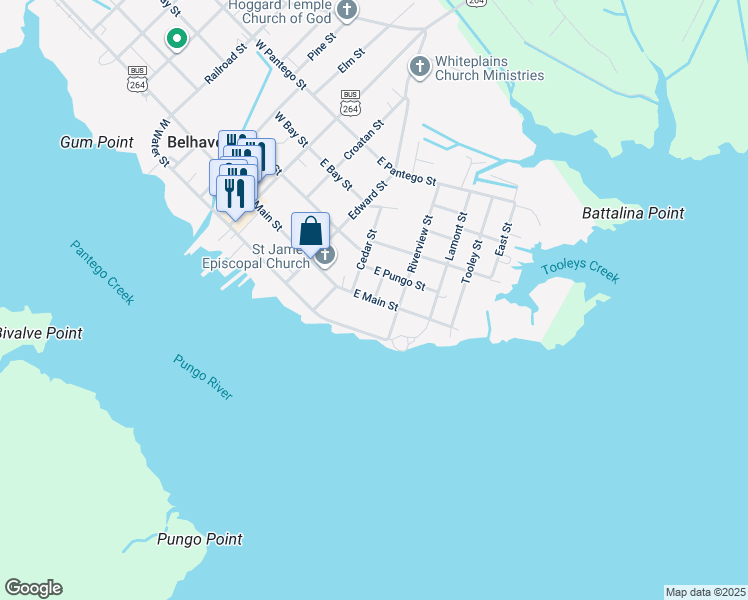 map of restaurants, bars, coffee shops, grocery stores, and more near 113 Broad Street in Belhaven