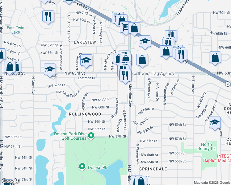 map of restaurants, bars, coffee shops, grocery stores, and more near 4605 Northwest 62nd Street in Oklahoma City