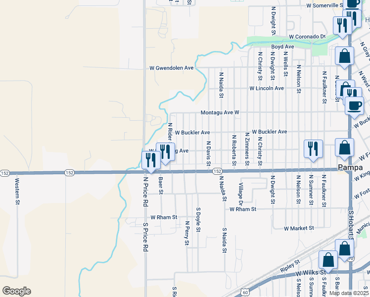 map of restaurants, bars, coffee shops, grocery stores, and more near 400 North Perry Street in Pampa