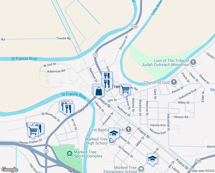 map of restaurants, bars, coffee shops, grocery stores, and more near Nathan Street in Marked Tree