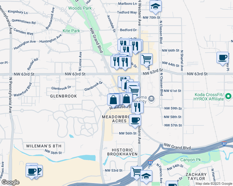map of restaurants, bars, coffee shops, grocery stores, and more near 6219 Northwest Grand Boulevard in Oklahoma City