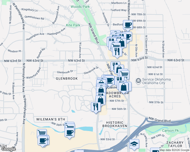 map of restaurants, bars, coffee shops, grocery stores, and more near 1248 Davinbrook Drive in Oklahoma City