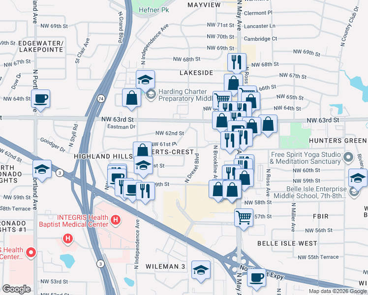 map of restaurants, bars, coffee shops, grocery stores, and more near 3020 Northwest 61st Place in Oklahoma City