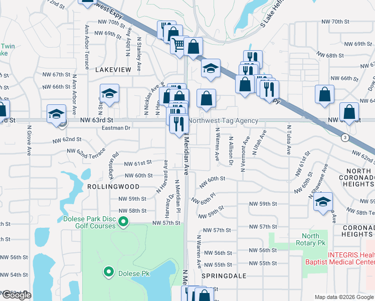 map of restaurants, bars, coffee shops, grocery stores, and more near 6322 North Meridian Avenue in Oklahoma City