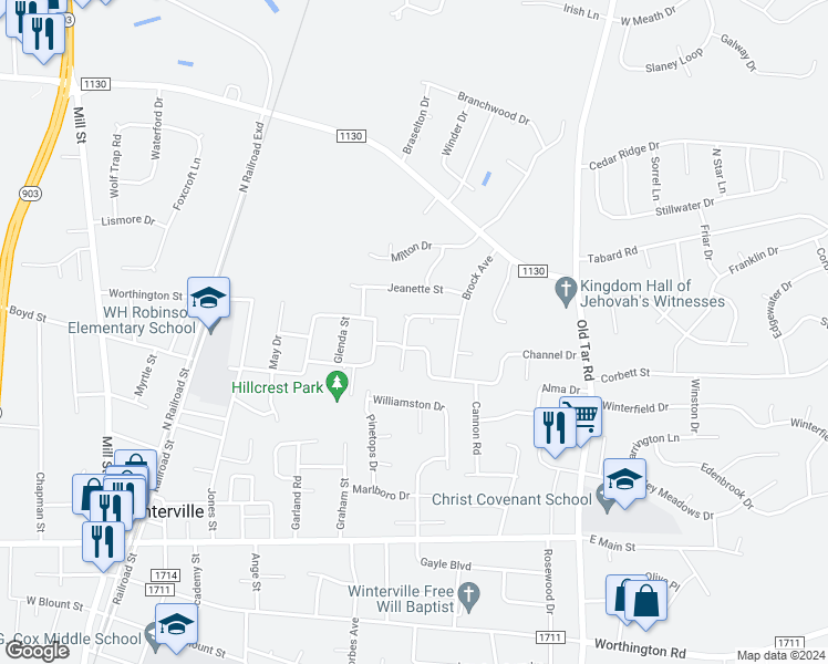 map of restaurants, bars, coffee shops, grocery stores, and more near 2385 Wedgewood Drive in Winterville