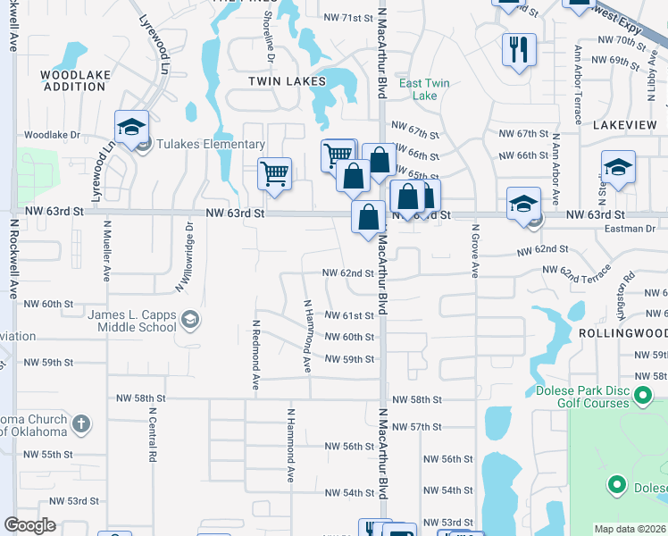 map of restaurants, bars, coffee shops, grocery stores, and more near 6309 Norman Road in Warr Acres