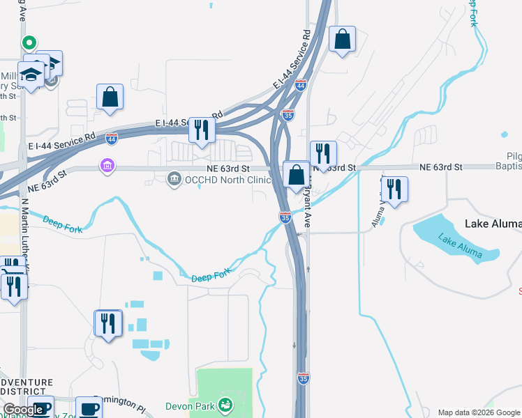 map of restaurants, bars, coffee shops, grocery stores, and more near 6204 Bean Blossom Drive in Oklahoma City