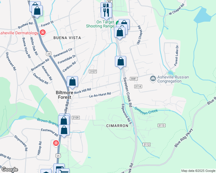 map of restaurants, bars, coffee shops, grocery stores, and more near 113 Rock Hill Road in Asheville