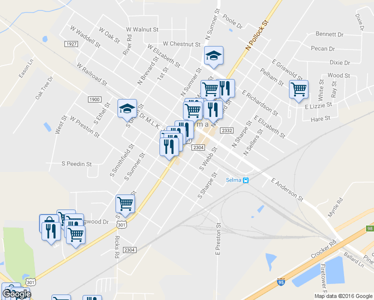 map of restaurants, bars, coffee shops, grocery stores, and more near 201 S Pollock St in Selma