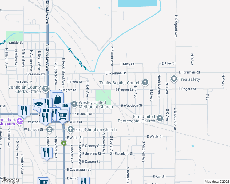 map of restaurants, bars, coffee shops, grocery stores, and more near 806 East Rogers Street in El Reno