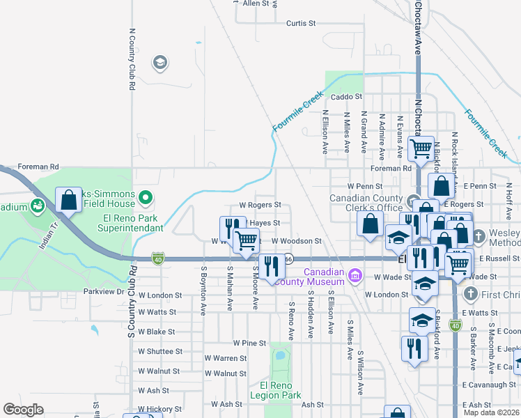 map of restaurants, bars, coffee shops, grocery stores, and more near 1019 West Rogers Street in El Reno