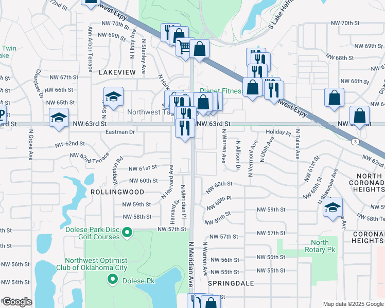 map of restaurants, bars, coffee shops, grocery stores, and more near 6206 North Meridian Avenue in Oklahoma City