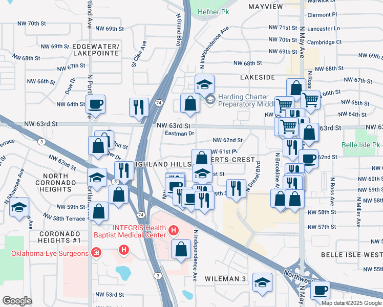 map of restaurants, bars, coffee shops, grocery stores, and more near 3305 Goodger Drive in Oklahoma City