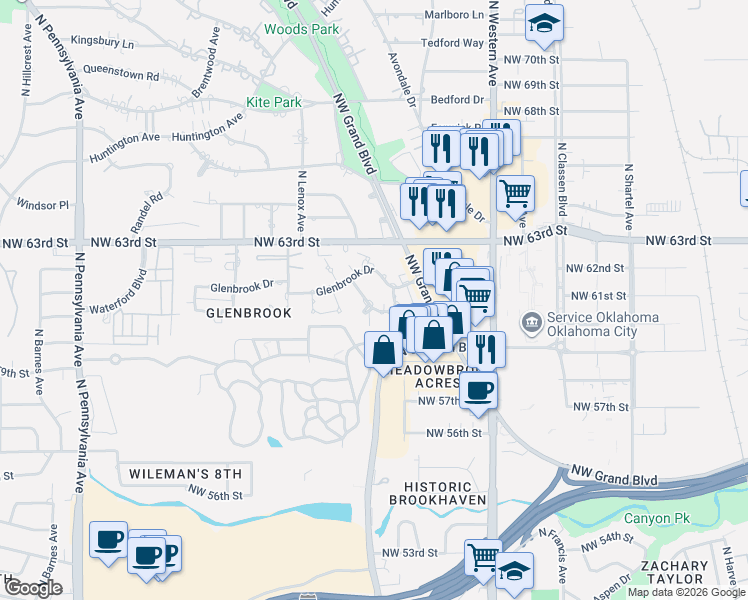 map of restaurants, bars, coffee shops, grocery stores, and more near 1224 Glenbrook Drive in Oklahoma City