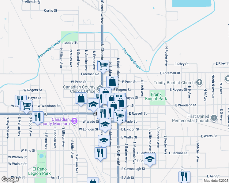 map of restaurants, bars, coffee shops, grocery stores, and more near 301 East Rogers Street in El Reno
