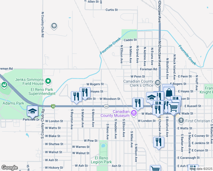 map of restaurants, bars, coffee shops, grocery stores, and more near 301 Reno Avenue in El Reno