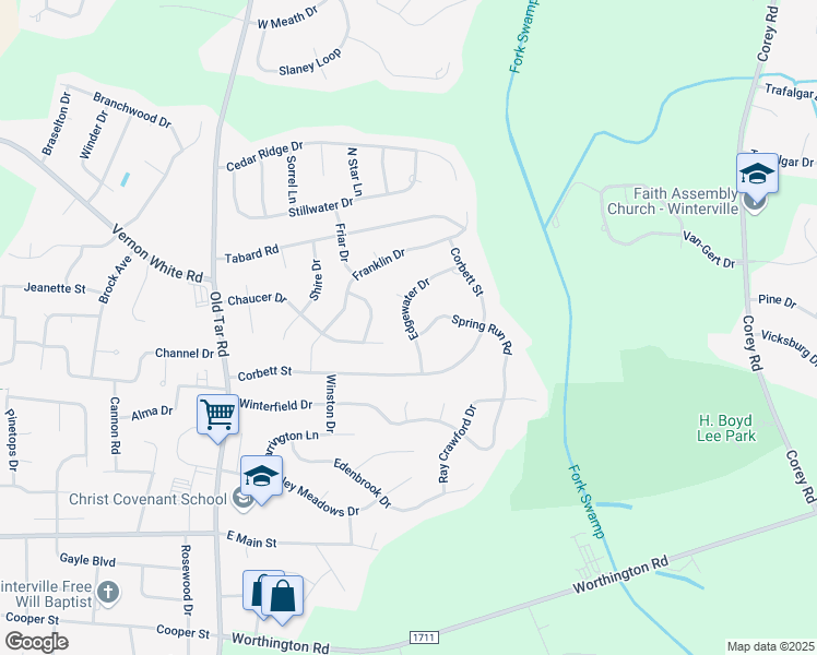 map of restaurants, bars, coffee shops, grocery stores, and more near 2265 Edgewater Drive in Winterville